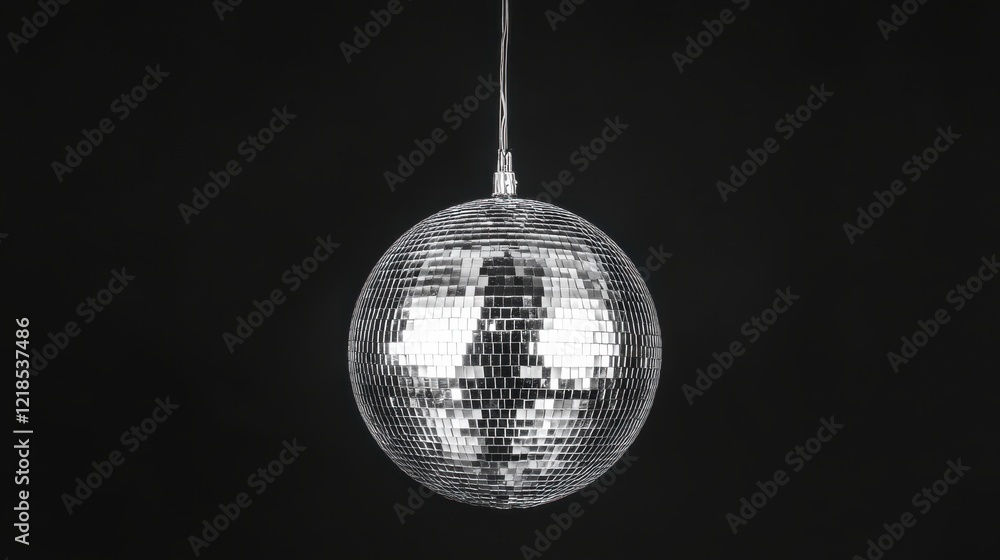 Fototapeta premium Disco ball suspended against a black background reflecting light during a lively dance party atmosphere