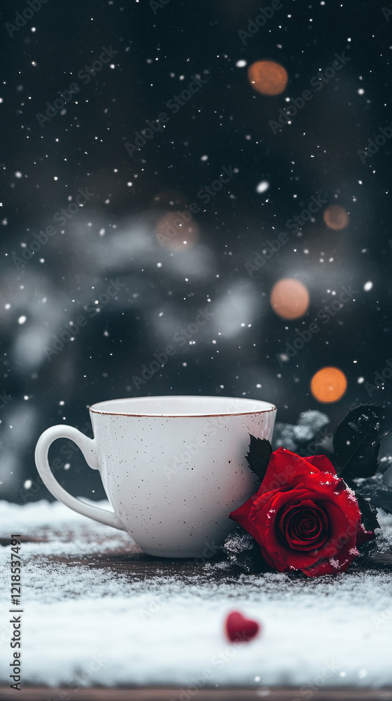 Teacup and red rose on snow-covered table with snowflakes falling: Snowy Valentines Day Aesthetics Teacup and red rose on snow-covered table with snowflakes falling: Snowy Valentines Day Aesthetics