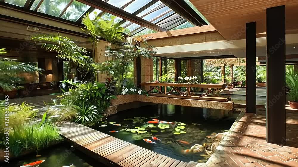Indoor Koi Pond and Tropical Garden in Luxurious Modern Home Indoor Koi Pond and Tropical Garden in Luxurious Modern Home