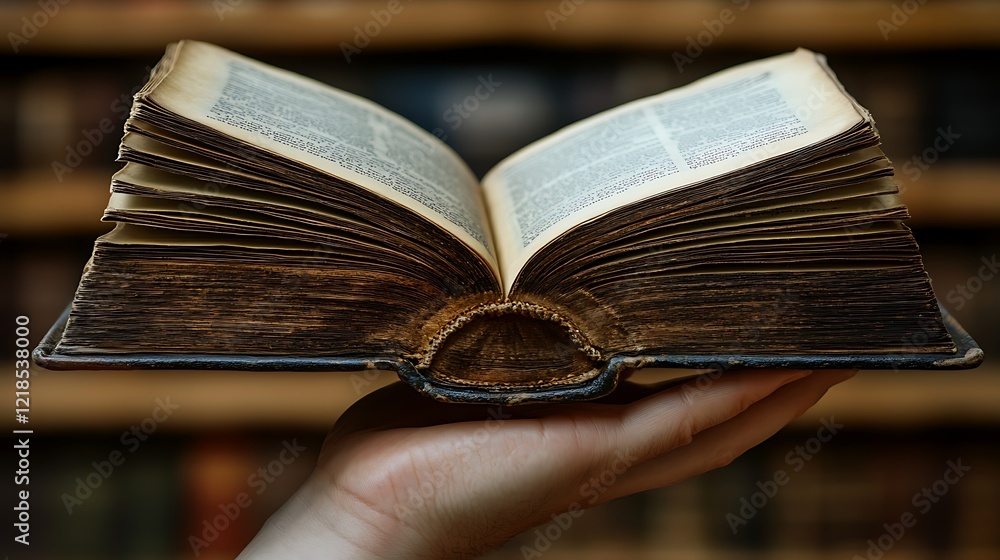 Obraz premium A close up of an open book with blurred shelves