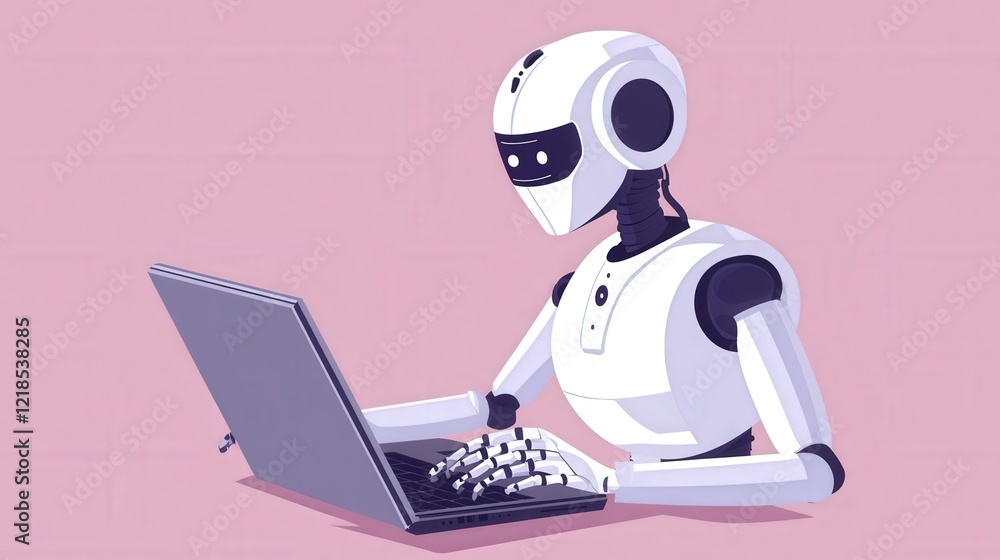 Obraz premium Robot Using Laptop Computer Technology Innovation