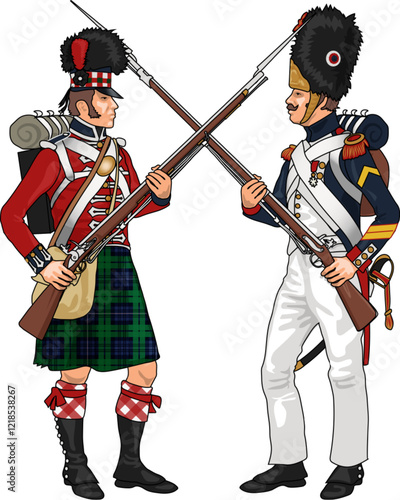 French and British Soldiers from Napoleonic Wars Clashing Each Others Weapons, Illustration Isolated on Transparent Background, EPS 10 Vector
