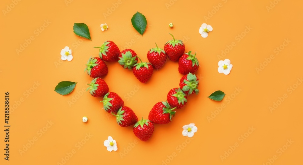 Strawberries arranged in heart shape with flowers and leaves on orange background Strawberries arranged in heart shape with flowers and leaves on orange background