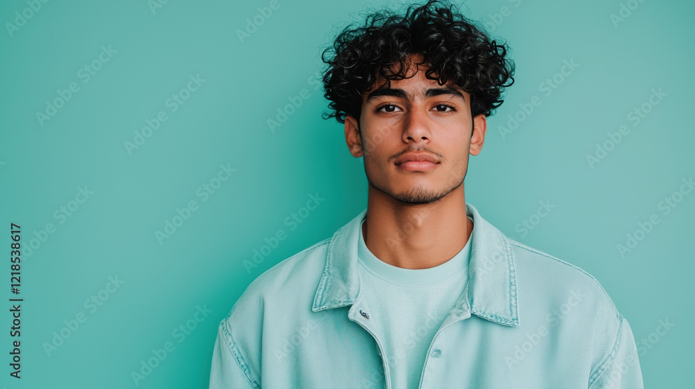 Obraz premium Young man with curly hair wearing light jacket against teal background