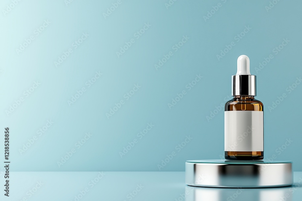 Elegant Essential Oil Bottle on Reflective Surface with Soft Blue Background for Wellness and Beauty Imagery Elegant Essential Oil Bottle on Reflective Surface with Soft Blue Background for Wellness and Beauty Imagery