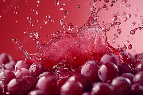 Obraz na płótnie Vibrant splash of juice surrounded by fresh grapes against a bold red backdrop creates a dynamic and appetizing scene w salonie