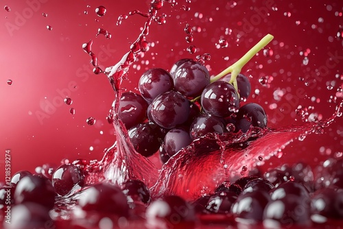Fresh grapes splash into red water creating an artistic scene of fruit and liquid in motion during a summer afternoon