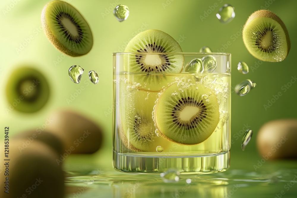 Enjoy a revitalizing kiwi beverage adorned with floating slices and effervescent bubbles, all beautifully set against a lively green backdrop