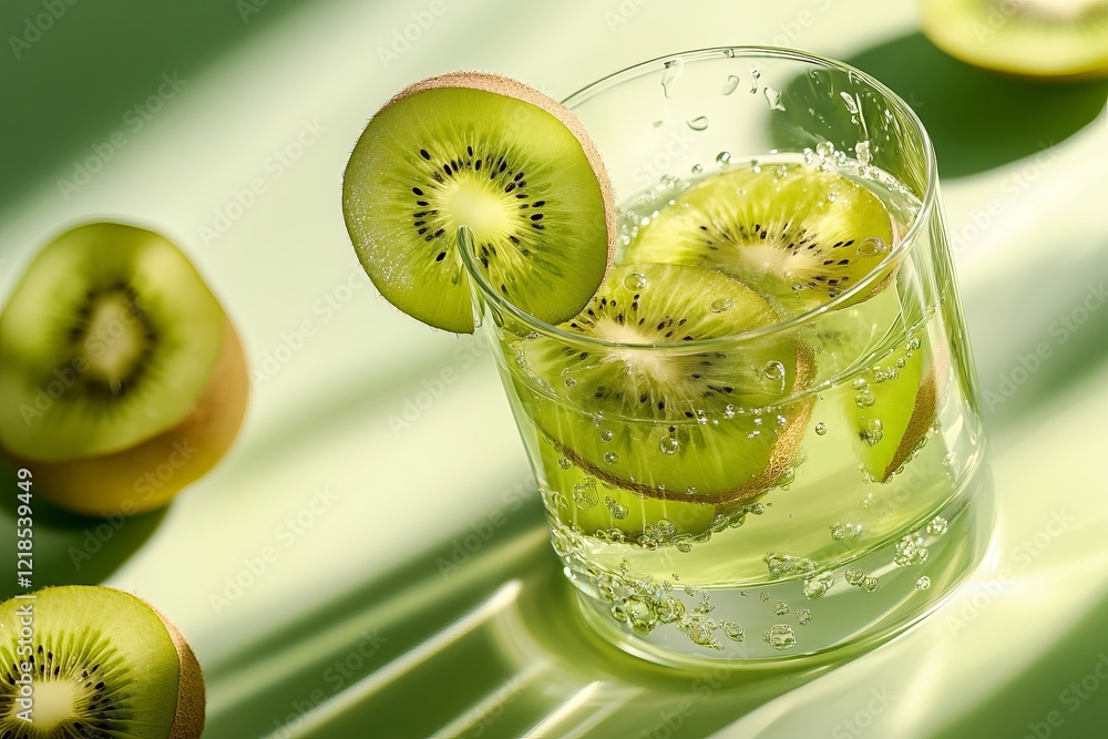 Vibrant kiwi slices gently bobbing in a refreshing, fizzy drink, set against a soft green background on a warm, sunny afternoon
