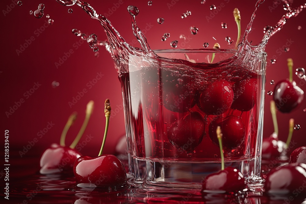 Fresh cherries splash in a glass of deep red liquid on a vibrant background capturing the essence of summer refreshment