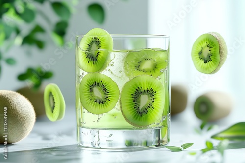 Refreshing kiwi drink served in a clear glass with slices floating above in a bright kitchen setting