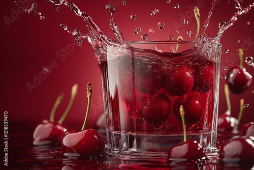 Obraz na płótnie Fresh cherries splash in a glass of deep red liquid on a vibrant background capturing the essence of summer refreshment w salonie