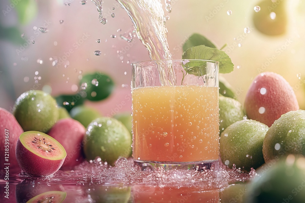 Refreshing fruit drink prepared with fresh guava and lime, perfect for a summer day at home with a vibrant backdrop