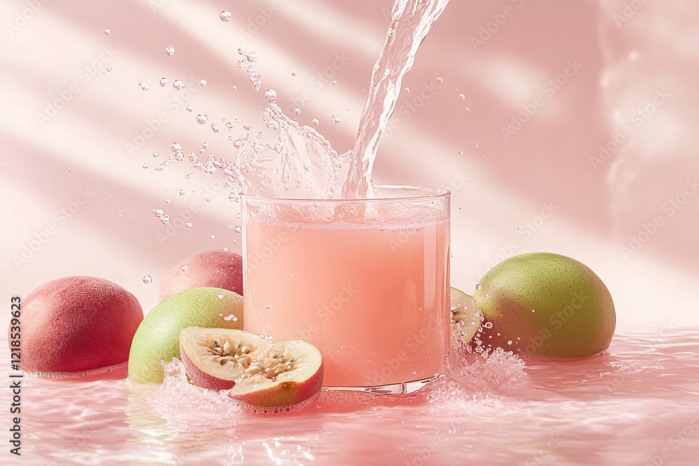 Refreshing guava juice being poured into a glass with fresh fruit on a pink surface in a bright and cheerful setting during daytime