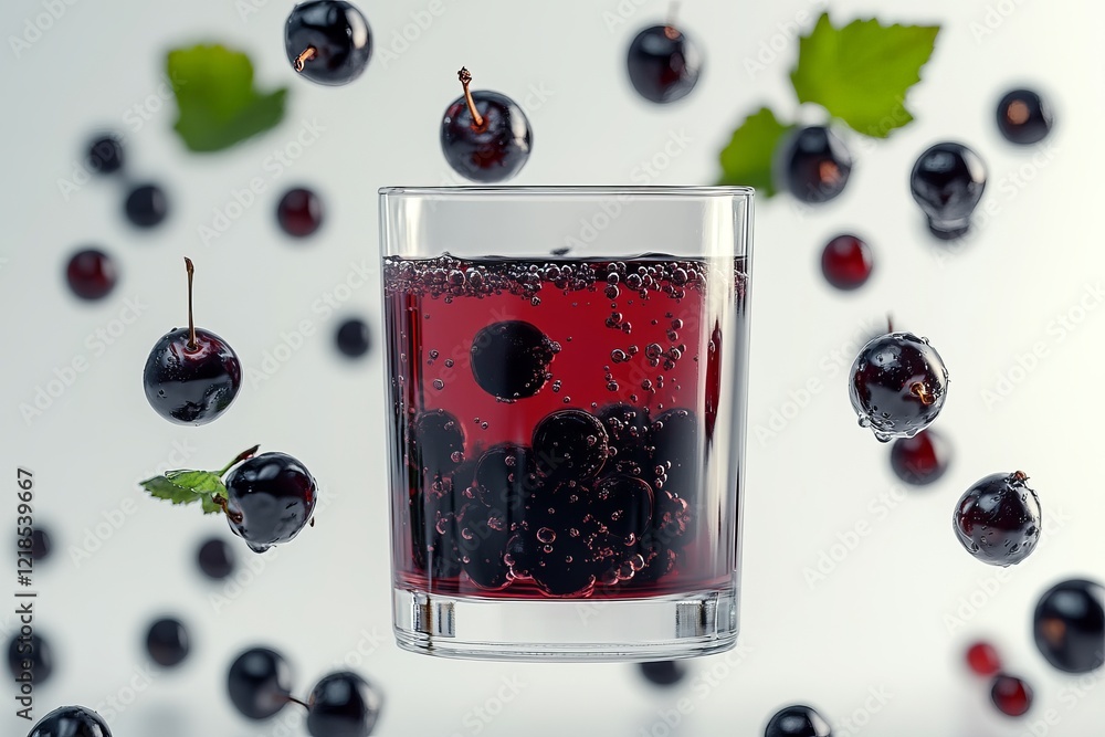 A creatively arranged refreshing drink, featuring blackcurrants and bubbly effervescence, is beautifully showcased against a clean white background