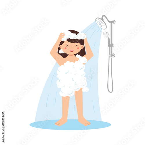 Cartoon Girl Enjoying Shower with Soap