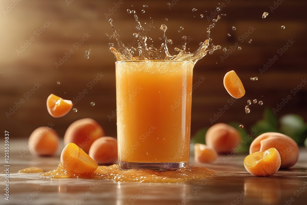 Fresh peach juice splashes from a glass surrounded by ripe peach slices and droplets of water on a wooden surface