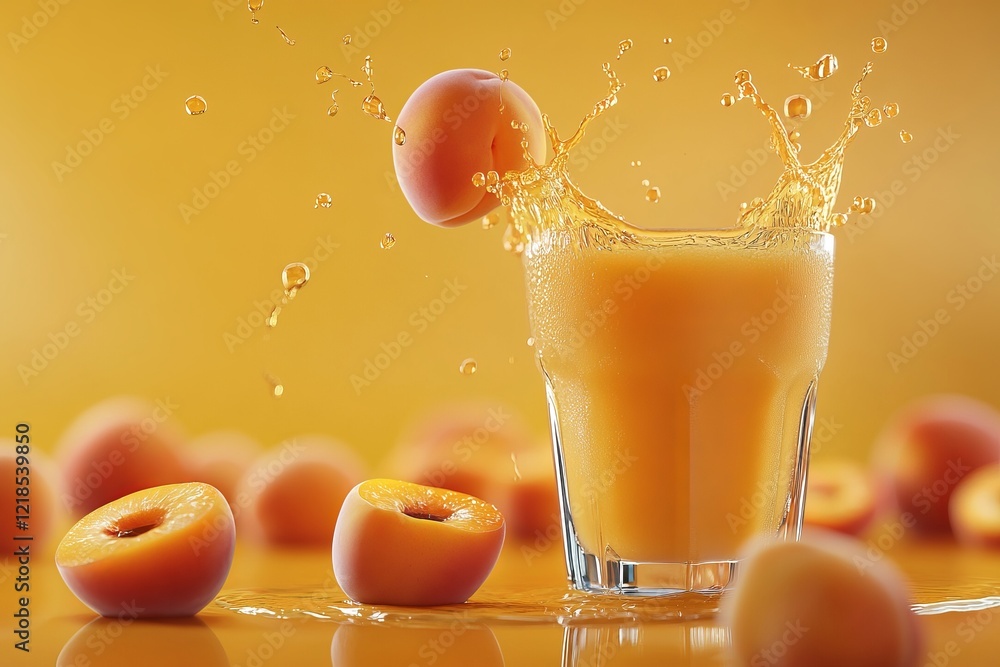 Freshly squeezed apricot juice splashes into a glass surrounded by ripe fruit on a vibrant yellow background
