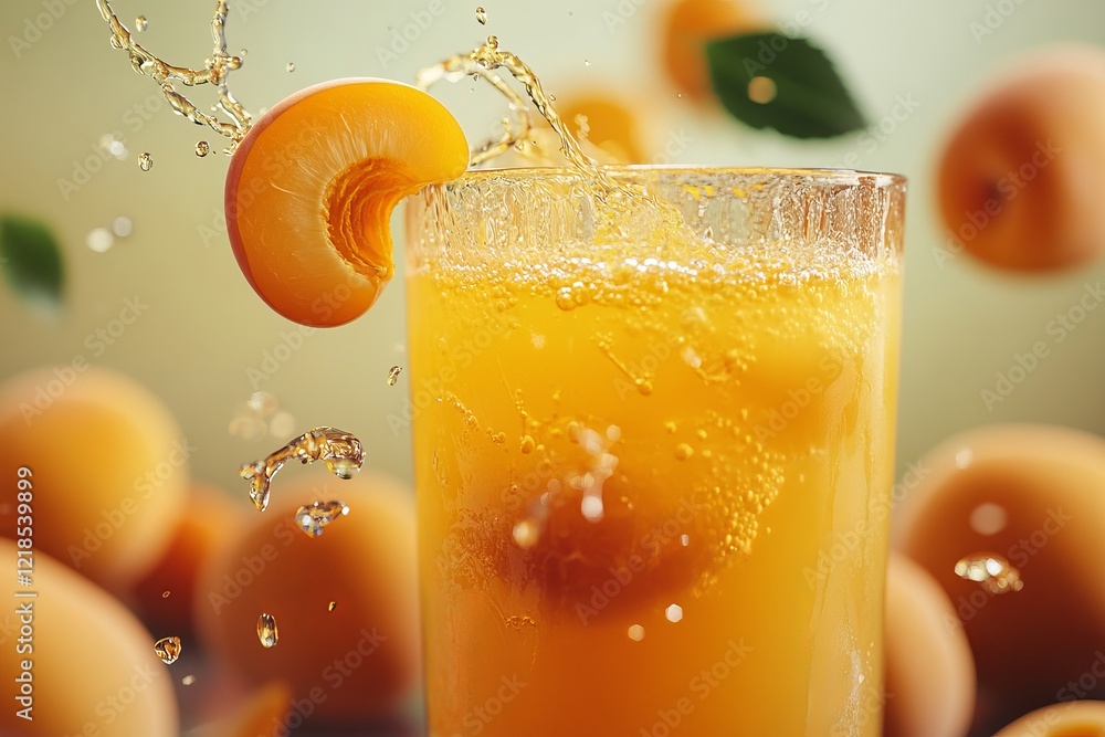 Freshly squeezed peach juice with splashes and peach slices surrounded by whole peaches in a bright kitchen setting