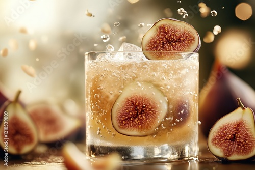 Refreshing fig cocktail with ice and bubbly drink garnished with fresh fig slices on a wooden table during a sunny afternoon