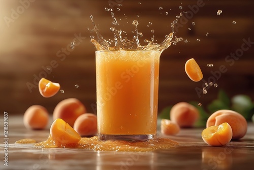 Obraz na płótnie Fresh peach juice splashes from a glass surrounded by ripe peach slices and droplets of water on a wooden surface w salonie