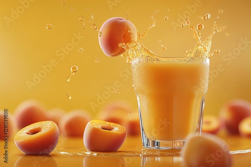 Freshly squeezed apricot juice splashes into a glass surrounded by ripe fruit on a vibrant yellow background
