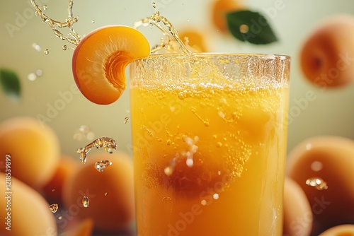 Obraz na płótnie Freshly squeezed peach juice with splashes and peach slices surrounded by whole peaches in a bright kitchen setting w salonie