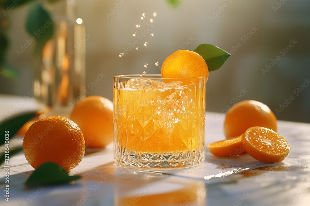 A delightfully refreshing citrus beverage, served over ice, is beautifully complemented by freshly cut oranges in a vibrant, sunlit atmosphere