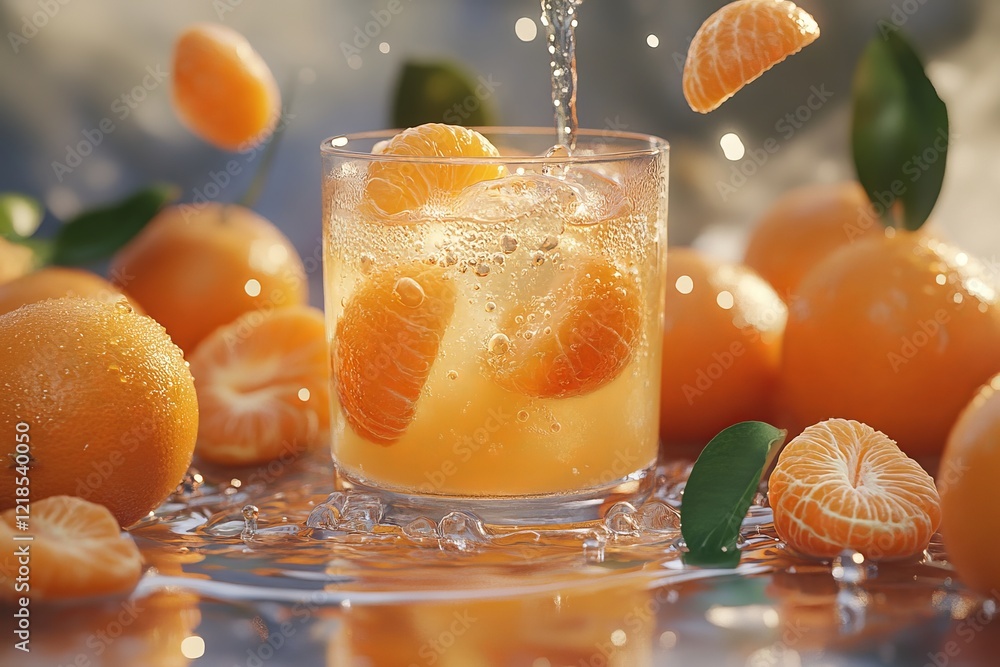Enjoy a revitalizing sparkling citrus beverage, perfectly complemented by vibrant oranges and tangerines, all set against a warm, sunny backdrop