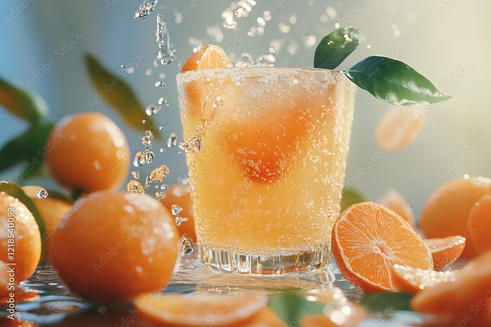 Enjoy a revitalizing citrus beverage, bursting with refreshing flavors and adorned with bright, juicy oranges on a beautiful sunny day