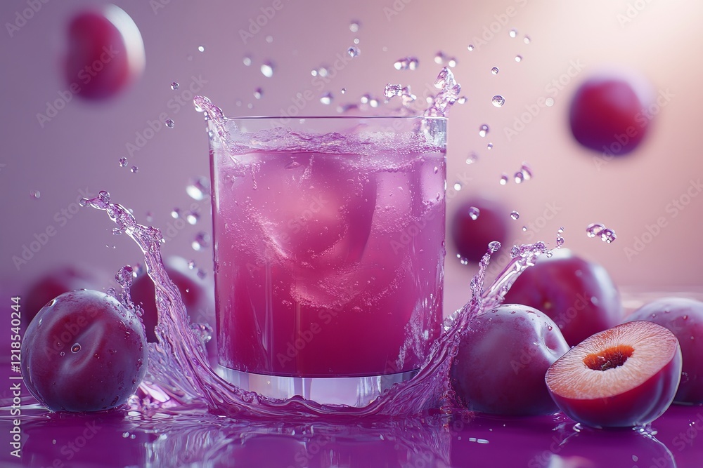 A refreshing purple beverage splashes joyfully in a glass, surrounded by ripe, juicy plums, set against a vibrant and colorful background