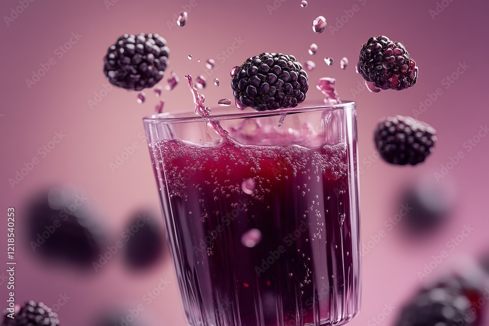 A delightful Blackberry beverage, brimming with fresh, juicy berries, splashes playfully in the air against a beautifully blurred pink background