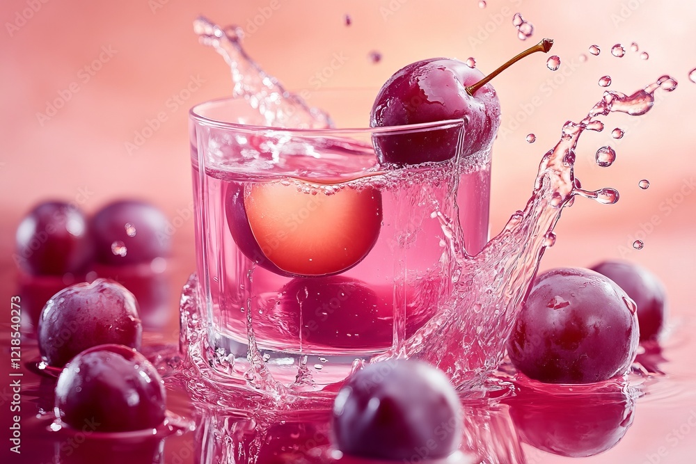 Vibrant splash of purple fruit in a glass filled with refreshing liquid surrounded by whole plums on a light background