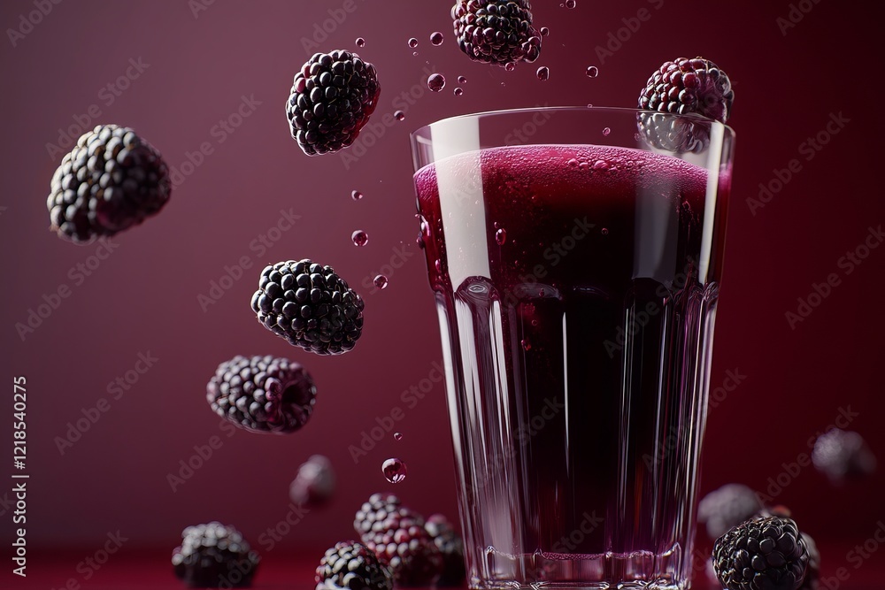 Freshly made blackberry juice with floating berries against a vivid purple background creating a striking visual appeal