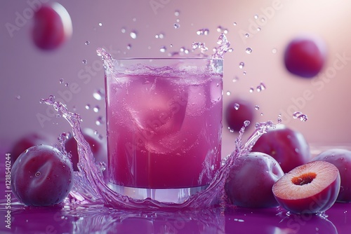 Obraz na płótnie A refreshing purple beverage splashes joyfully in a glass, surrounded by ripe, juicy plums, set against a vibrant and colorful background w salonie