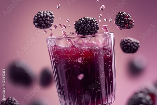 Obraz na płótnie A delightful Blackberry beverage, brimming with fresh, juicy berries, splashes playfully in the air against a beautifully blurred pink background w salonie