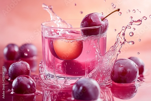 Obraz na płótnie Vibrant splash of purple fruit in a glass filled with refreshing liquid surrounded by whole plums on a light background w salonie