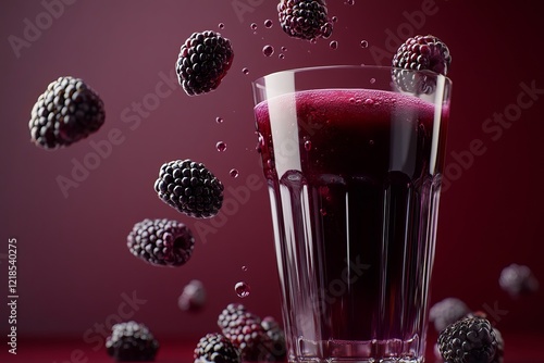 Freshly made blackberry juice with floating berries against a vivid purple background creating a striking visual appeal