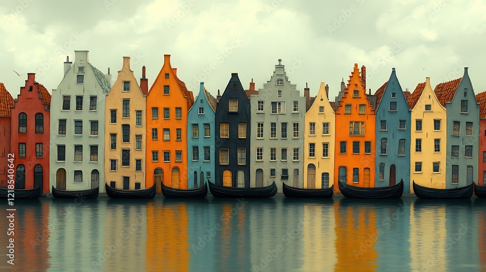 Obraz premium Colorful Coastal Buildings Reflect in Calm Water Creating a Picturesque Scene of a Historic Port Town