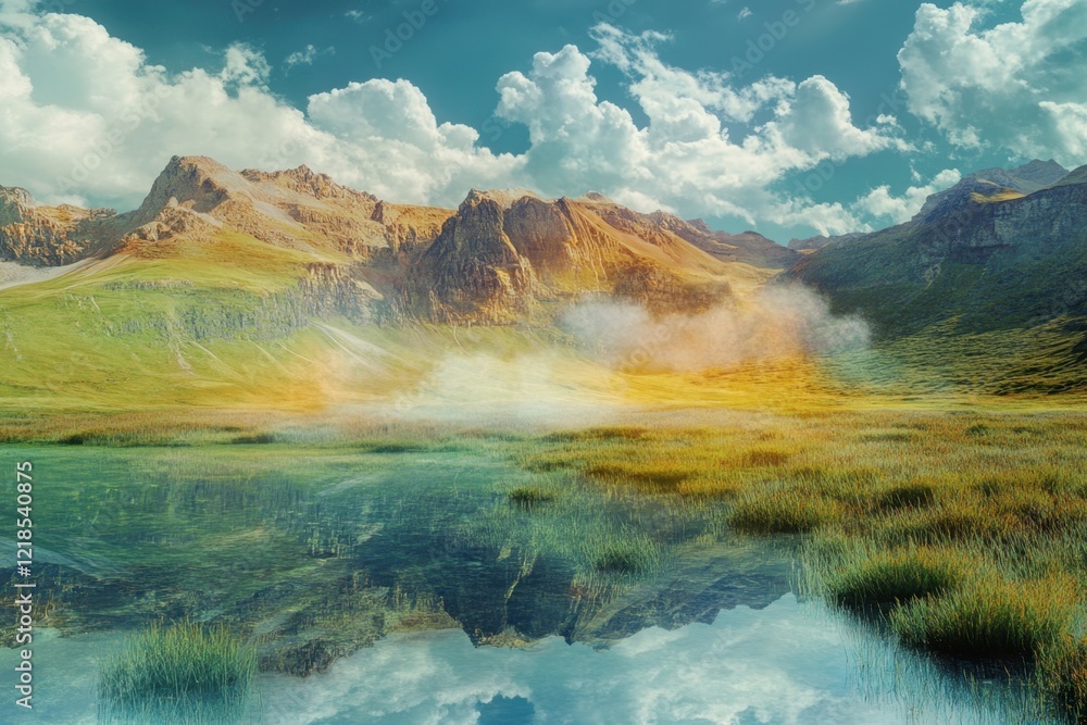Majestic mountains reflect in serene lake under a vibrant sky in daytime Majestic mountains reflect in serene lake under a vibrant sky in daytime