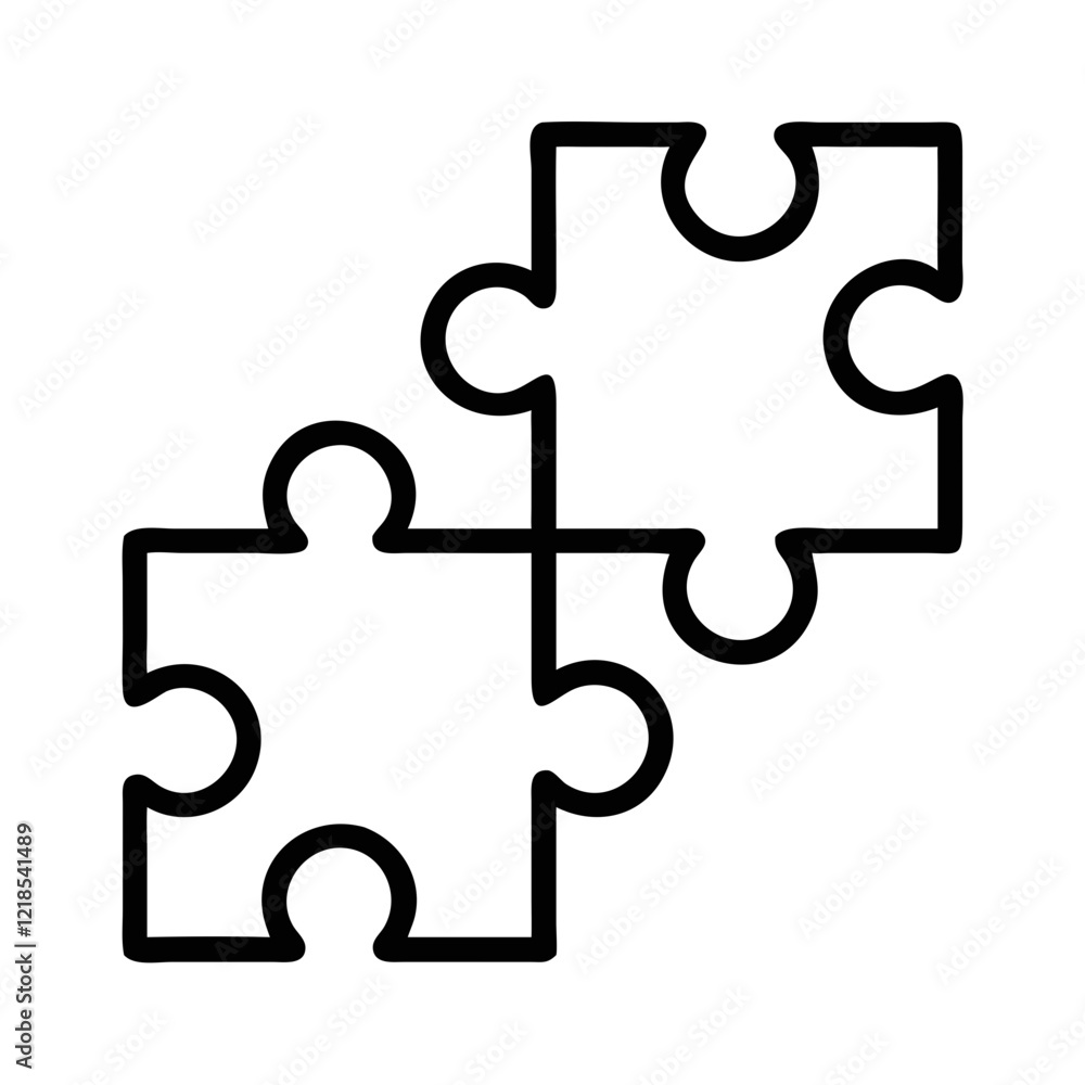 Two interlocking puzzle pieces, simple line art illustration on white background Two interlocking puzzle pieces, simple line art illustration on white background