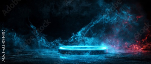 Wallpaper Mural Abstract podium setup with blue neon light and smoke for modern product showcase in a dark environment Torontodigital.ca