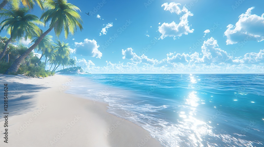 Bright Tropical Beach With Palm Trees and Clear Blue Water Under a Sunny Sky Bright Tropical Beach With Palm Trees and Clear Blue Water Under a Sunny Sky
