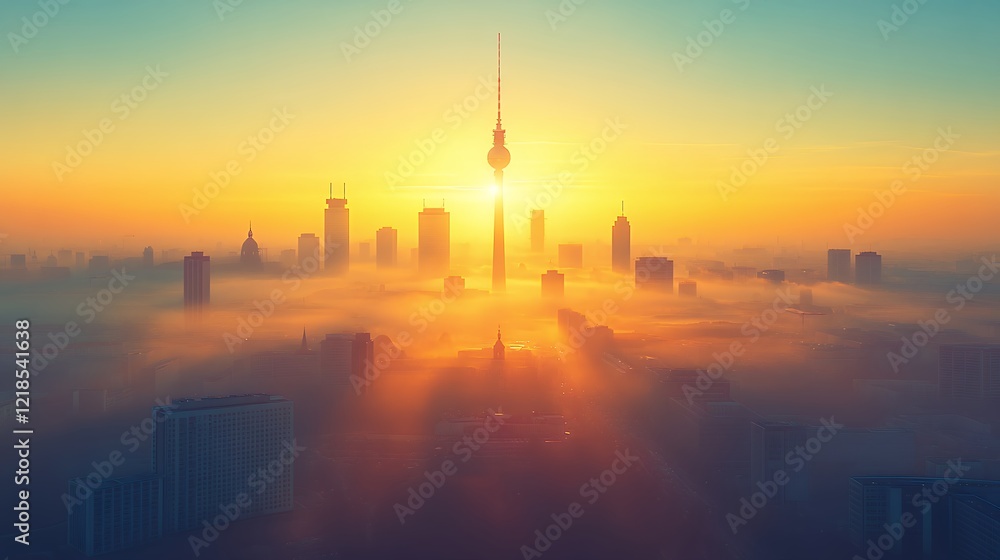 Fototapeta premium Sunrise Casts a Golden Glow Over a City Skyline Shrouded in Morning Mist With Towering Buildings and a Prominent Observation Tower in View