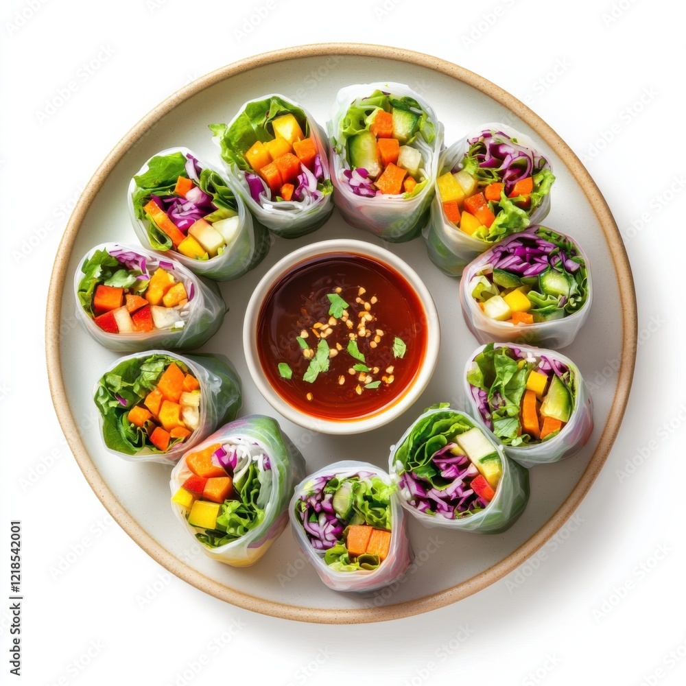 A colorful plate of vegetable spring rolls with dipping sauce, isolated white background, abstract art style A colorful plate of vegetable spring rolls with dipping sauce, isolated white background, abstract art style
