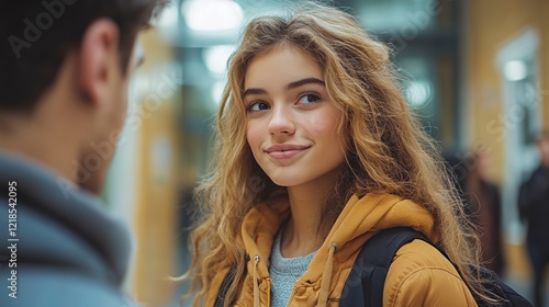 Wallpaper Mural Young Students Engaging in a Friendly Conversation in a School Hallway During a Busy Afternoon Torontodigital.ca