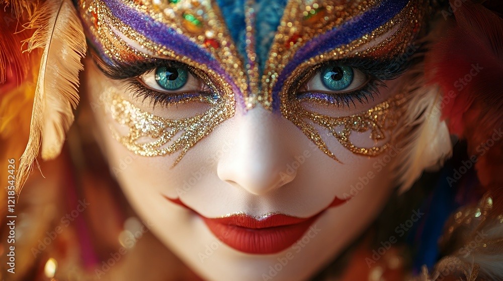 Fototapeta premium Stunning Masquerade Performer Captivates With Intricate Face Paint and Colorful Feathers During a Vibrant Festival Celebration in a Lively City Setting