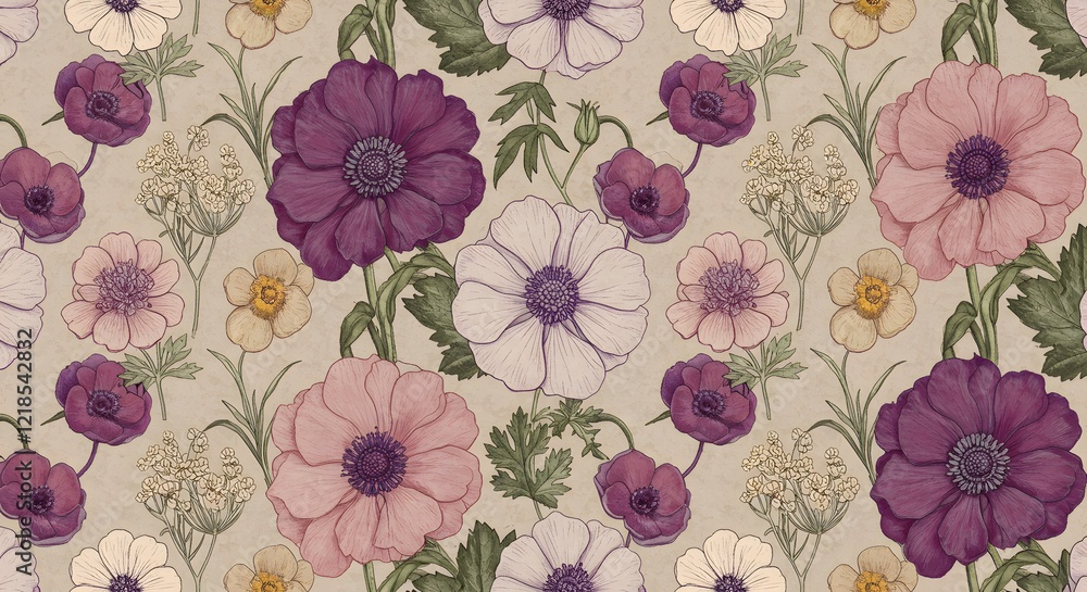 Wildflower motifs with intricate details, arranged in a balanced repeating pattern Wildflower motifs with intricate details, arranged in a balanced repeating pattern
