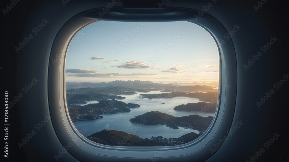 Airplane window view of islands and water with sunset, travel or transportation. Airplane window view of islands and water with sunset, travel or transportation.