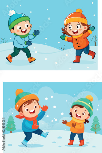 Happy children playing snowballs on winter landscape